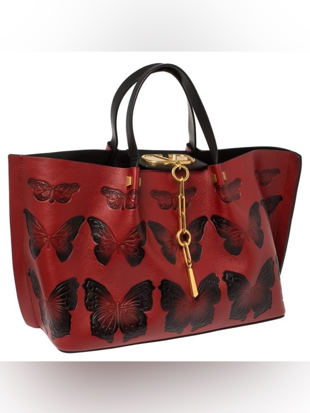 Valentino Red Leather Butterfly Tote with Black Accents and Gold Hardware
